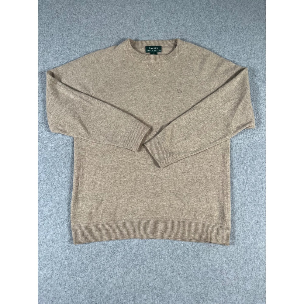 VTG Lauren Ralph Lauren Merino Cashmere Angora Sweater Tan Crewneck Monogram M
